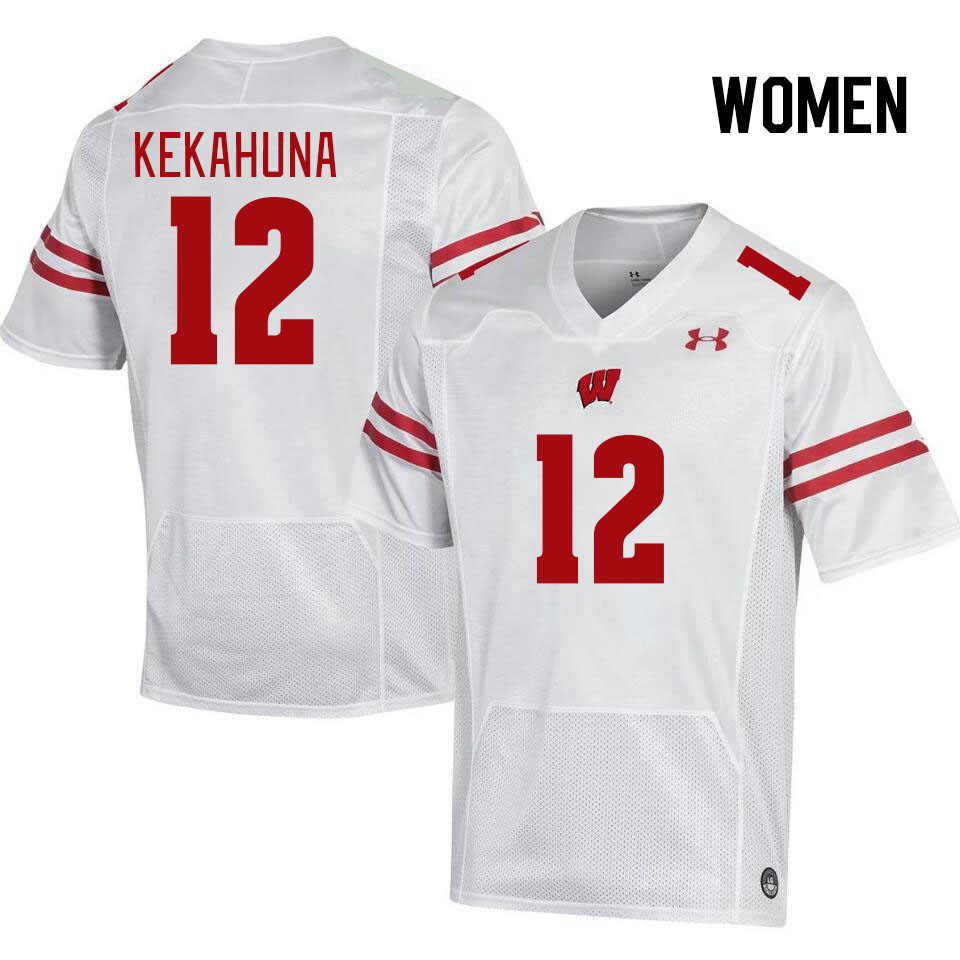 Women #12 Trech Kekahuna Wisconsin Badgers College Football Jerseys Stitched Sale-White